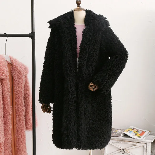Женские одноцветные лохматые пальто и куртки из овечьей шерсти зимняя плотная верхняя одежда пальто из искусственного меха женское приталенное меховое пальто cwf0058-5 - Цвет: Черный