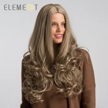 

Element long Synthetic Body Wave Light Blonde Color Middle Part Wigs for White/Black Women Cosplay Party Heat Resistant Fiber