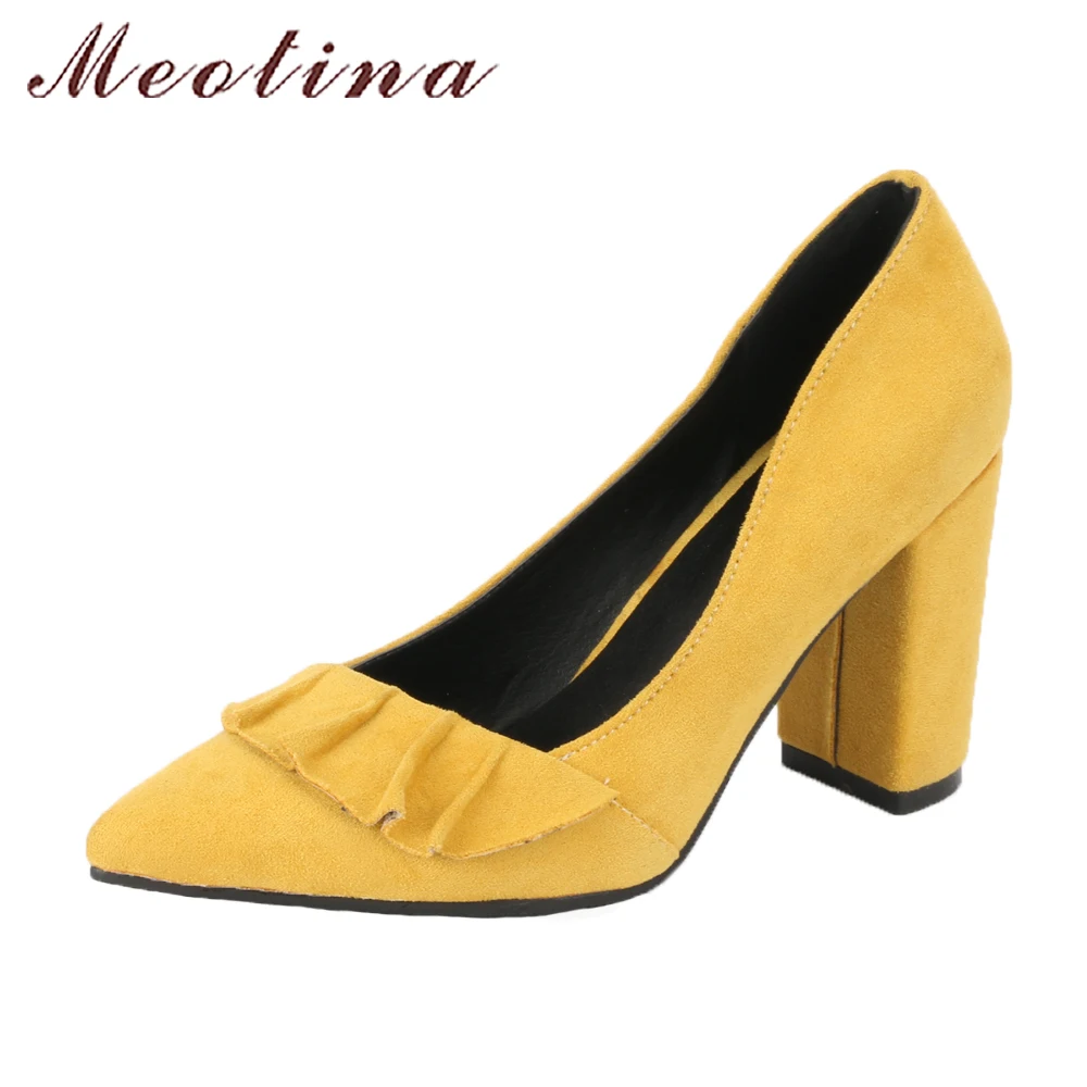 

Meotina High Heels Shoes Women Pumps Ruffles Party Shoes 2018 Spring Pointed Toe Thick High Heels Slip On Shoes Big Size 42 43