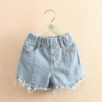 

2019 Summer New Fashion 3-6 8 10 12 Years Toddler Children Hole Pearl Edge Elastic Waist Kids Baby Denim Jeans Shorts For Girls