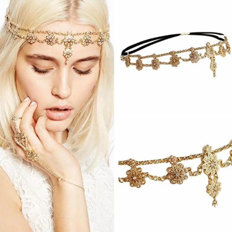 Head Chain Women Fashion Crystal Pearl Pendant Chain Jewelry Headband Hair Band