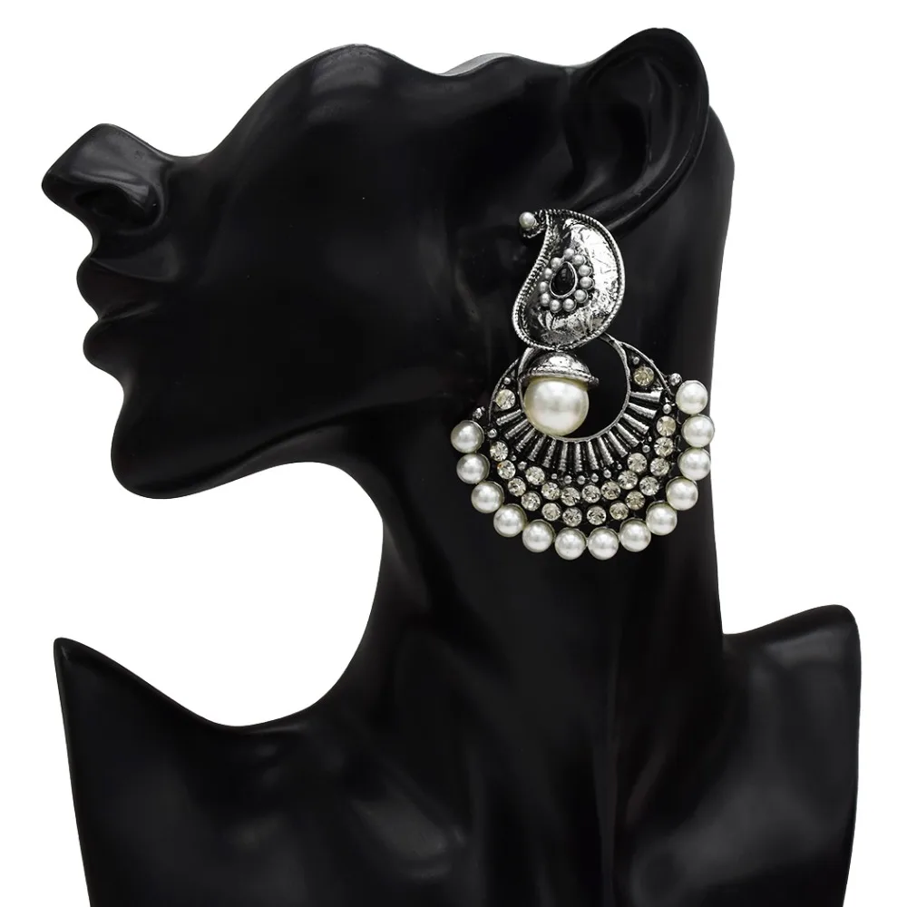 

Afghan Turkey Silver Gold Metal Long Drop Earrings Big Pearl Flower Crystal oxidized India Jhumka Statement Women Ethnic Jewelry