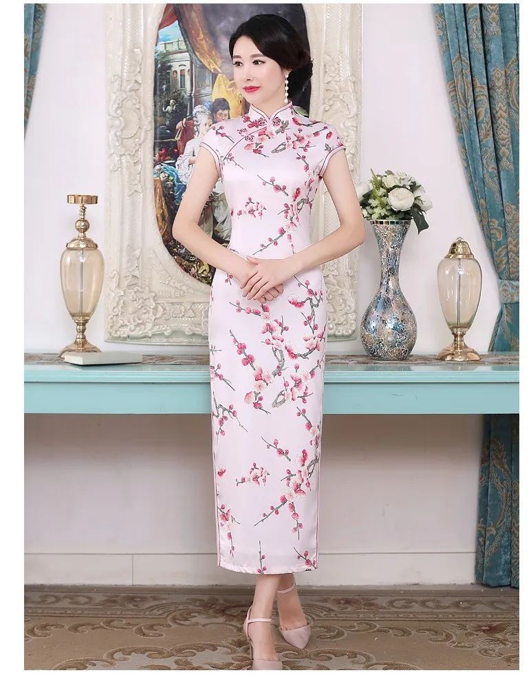 Шэн Коко Восточный халат Chinois Qipao платья для женщин сливы филиал шаблон печати Cheongsam Элегантные Длинные атласное платье плюс размеры