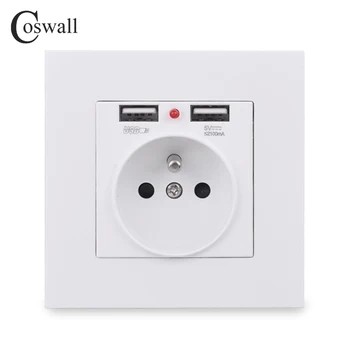 

COSWALL Wall Socket Grounded Children Protective Door, French Standard Outlet With 2.1A Dual USB Charging Black White PC Panel