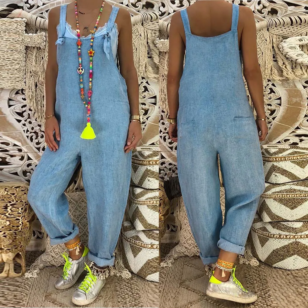 

Summer Autumn New Fashion Womens Casual Loose Plus Size Denim Overalls Suspenders With Pockets Jumpsuit комбинезон женский Z4