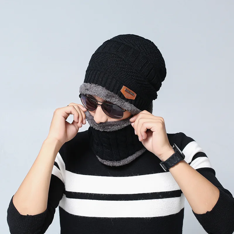 2016 knit cap scarf cap two-piece Winter Hats For Men Caps Warm Moto Fur Winter Beanie Fleece Knit Bonnet Hat balaclava