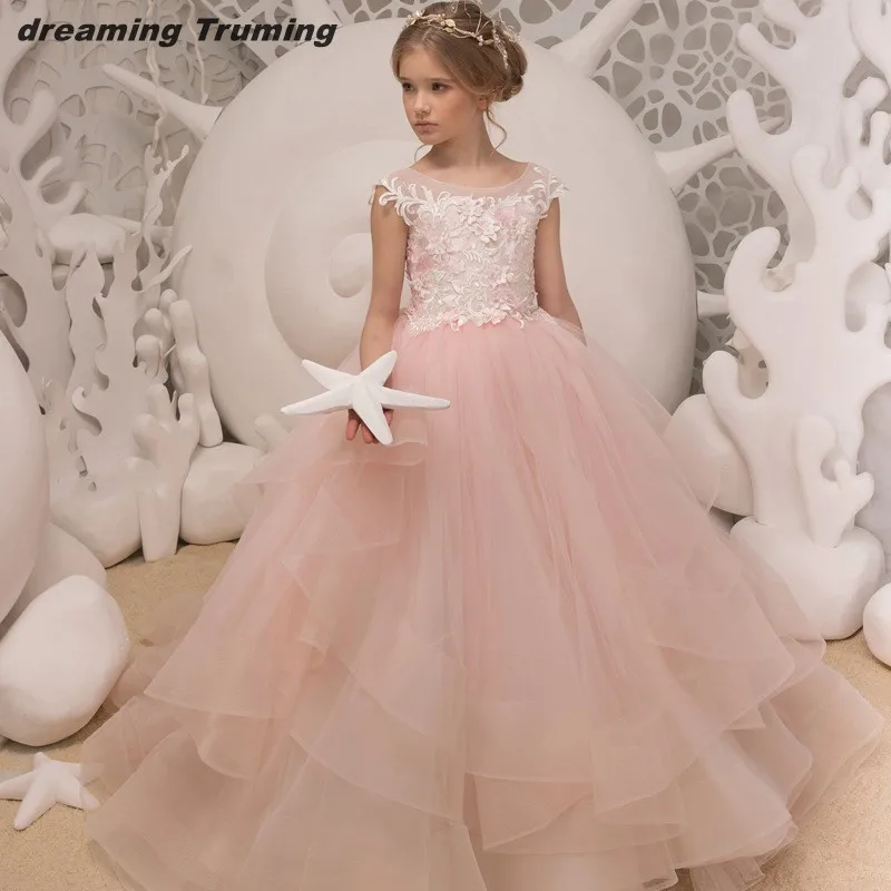 Blush Pink Ball Gown Flower Girls Dresses For Wedding With 3D Flower