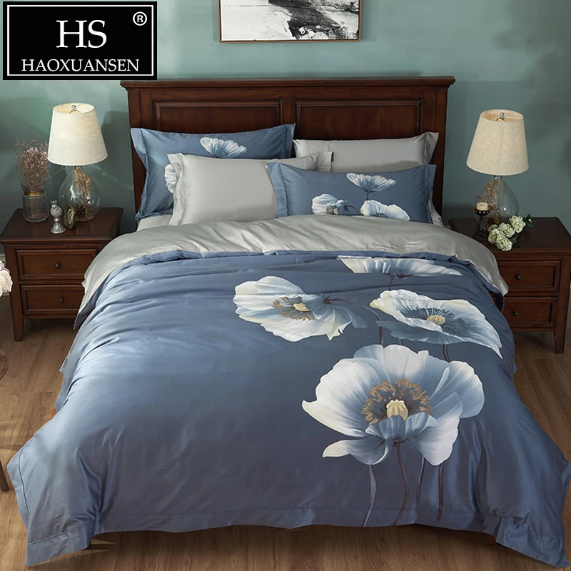 

100% Egyptian Cotton 100S Roxbunghii Flower Pattern 3D Reactive Print 4pcs Bedding Sets Satin Bed Linen Queen King Gray Blue