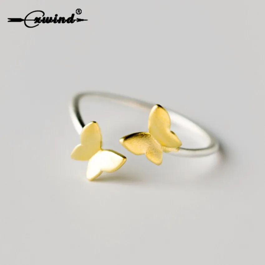 Cxwind Silver Ring Double Gold Color Butterfly Open Ring Pinkie Finger Toe Rings Anillo For Lady Women Christmas Gift Jewelry