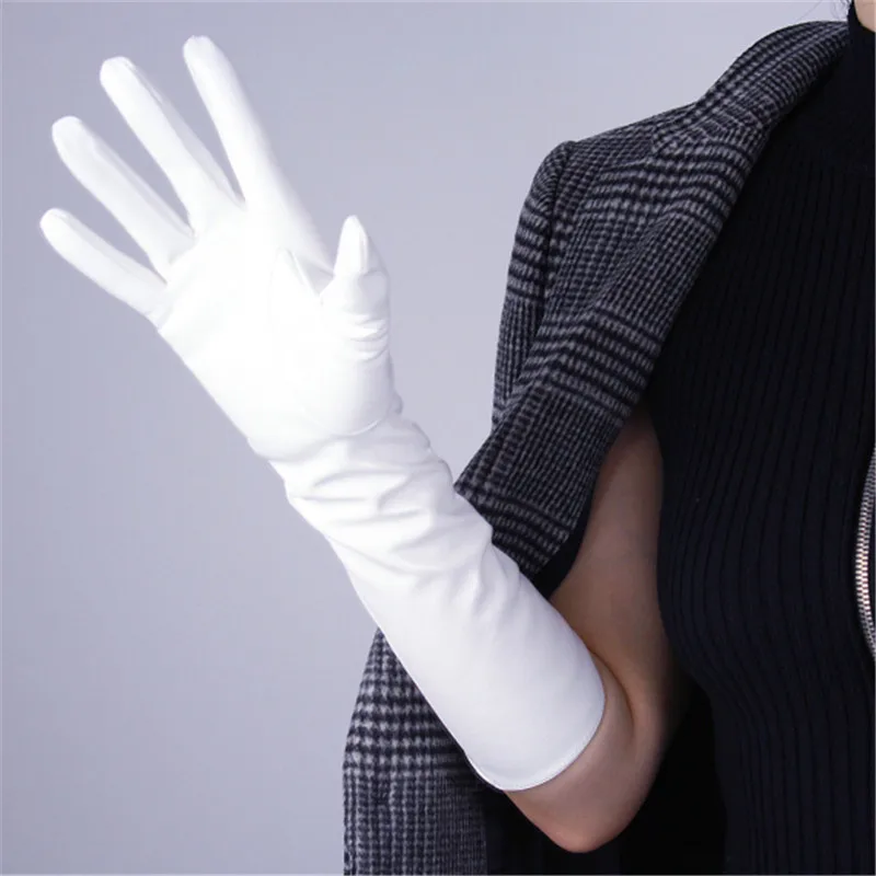 Patent Leather Gloves Female White Red Brown Synthetic Leather Woman Gloves 40cm Long Cosplay Imitation Genuine Leather P34