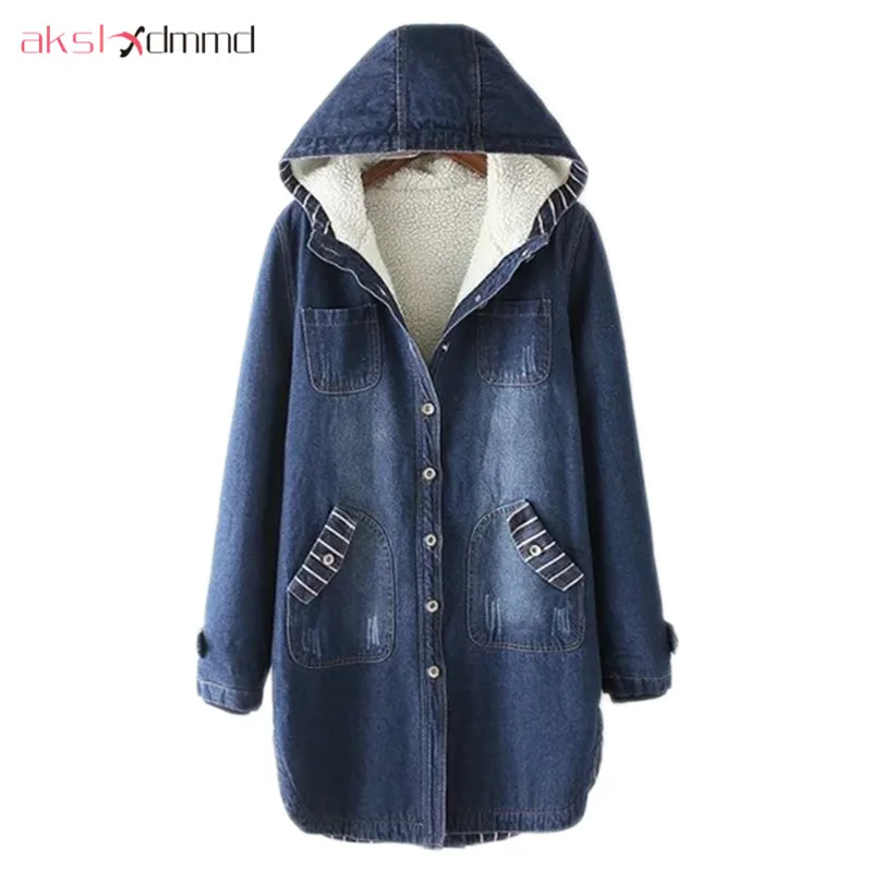 

AKSLXDMMD Thick Camel Denim Jacket 2019 New Women Winter Jacket Hooded Single-breasted Denim Coat Female Parka Mujer LH1119
