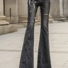 Джинсы для женщин Высокая талия расклешенные джинсы облегающие эластичные длинные женские брюки черные потертые Элегантные молнии карманы джинсы K385