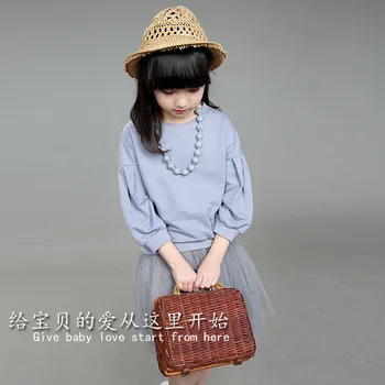 

New Spring Girls Cotton T-shirt Mesh-skirt Suit Two Pieces Kids Clothing Sets Grey Cotton No Necklace