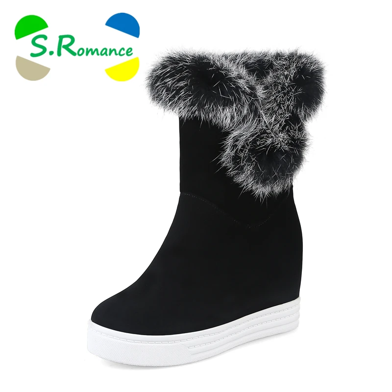 

S.Romance Women Boots Plus Size 34-43 Fashion Round Toe Ladies Snow Boots Lace-Up Female Winter Boot Woman Shoes Black SB1130