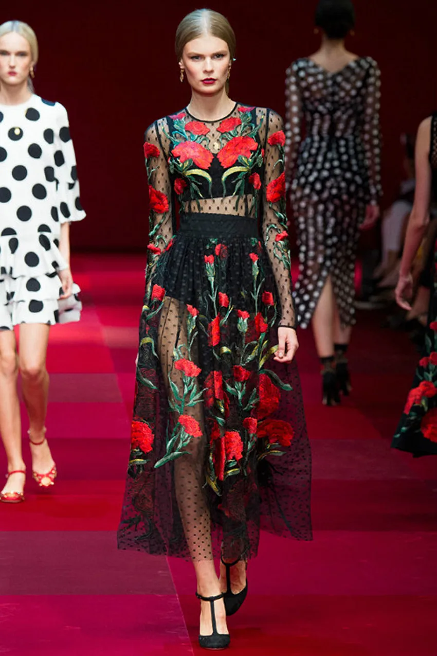 Online Whole Mesh Black Dress Red Flowers From China Fashion Show 2016 Robe Femme Spring Autumn Women Black Mesh Y Full Dress Red
