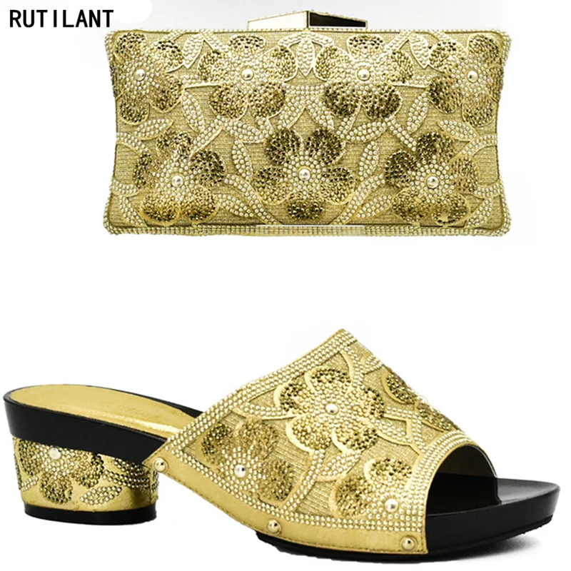 

Gold Color Italian Ladies Shoe and Bag Set Decorated with Rhinestone Matching Italian Shoe and Bag Set Shoe and Bag Set New 2018