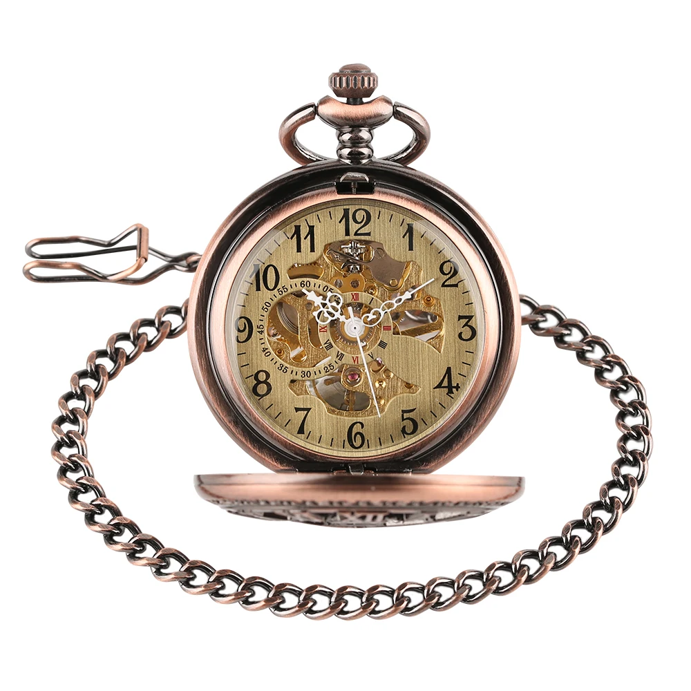 Fob Mechanical Hand Winding Pocket Watches With Chain Steampunk Necklace Gear Hollow Red Bronze Roman Numbers Unisex Watch reloj (11)