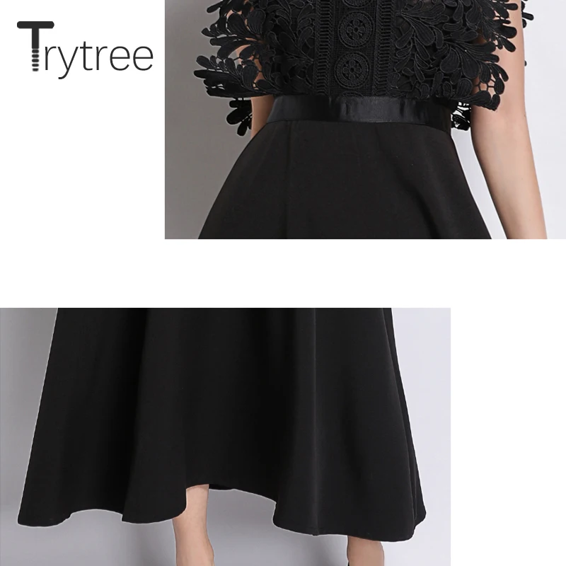 Летнее Элегантное повседневное однотонное черное платье Trytree кружевные женские