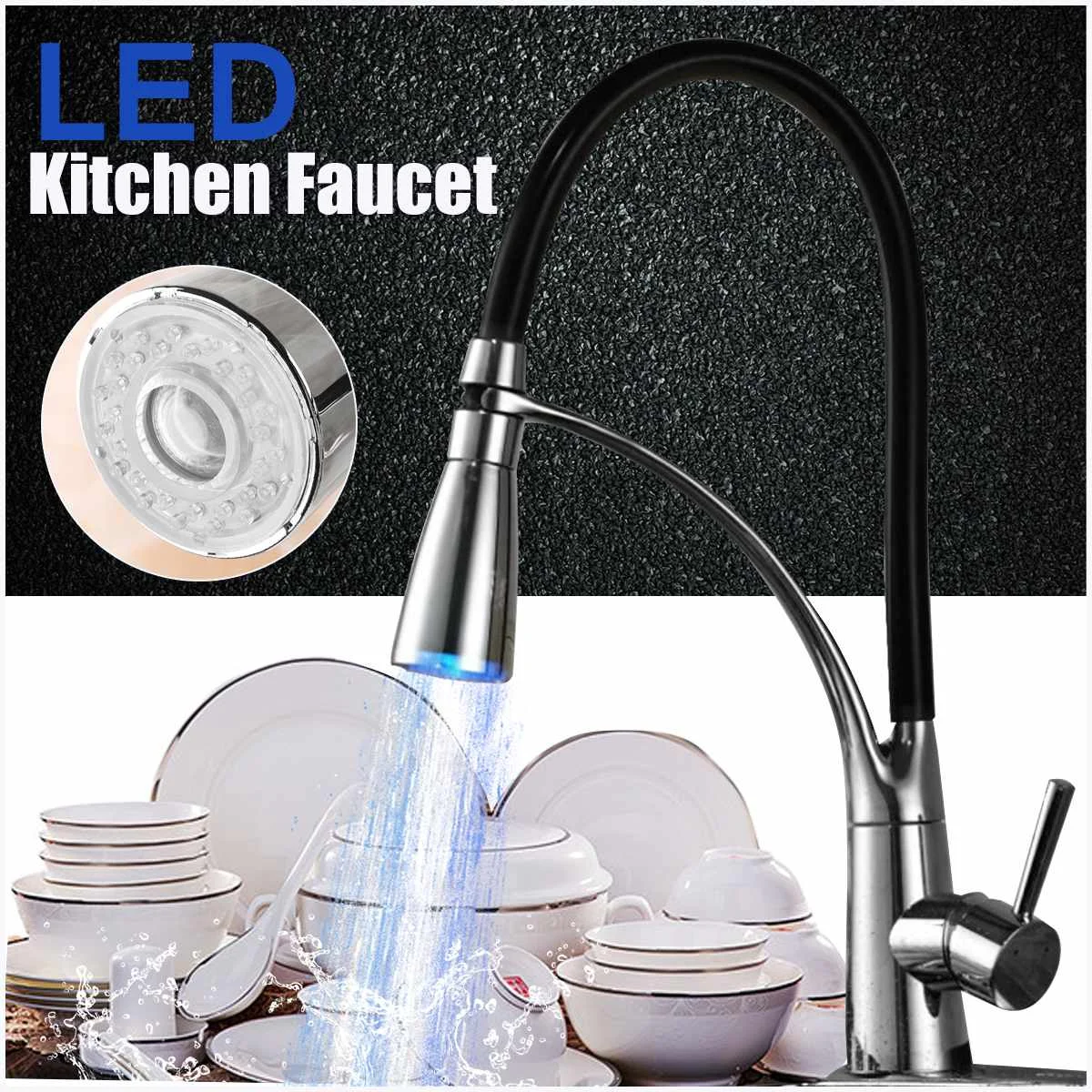 360 Degree Hot Cold LED Kitchen Faucet Pull Out Spray Mixer Tap Hand Held Deck Mount Faucet Basin For Home Kitchen Bathroom