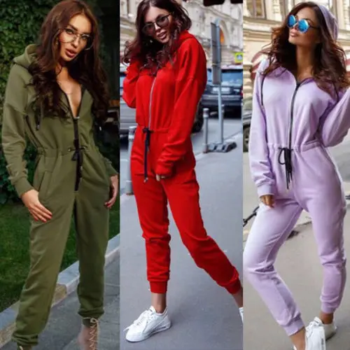 

Fashion Women's Zipped Up Long Sleeve Hoodie Jumpsuit Casual Playsuit Long Pants Feather Women Clothing