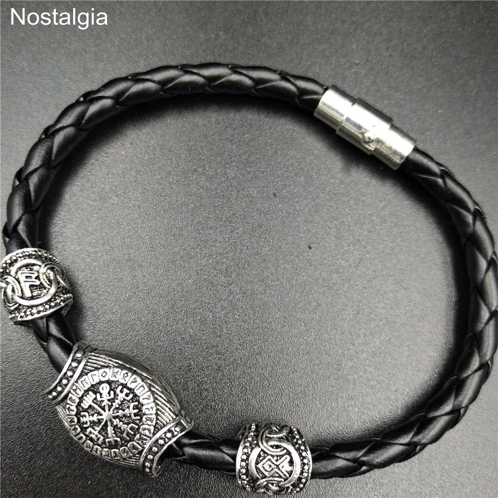 Браслет Vegvisir для мужчин Магнитный кожаный браслет руны викингов бусины