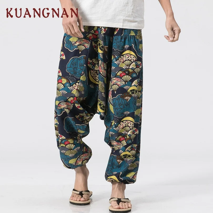 

KUANGNAN Chinese Casual Pants Men Cotton Linen Cross-Pants Men Hip Hop Streetwear Men's Pants 2018 Summer Male Trousers