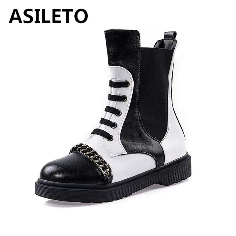 

ASILETO Chains Ankle boots for women Round toe Low heel leather Punk Gothic booties Zipper motocross boot Big size 43 Botas
