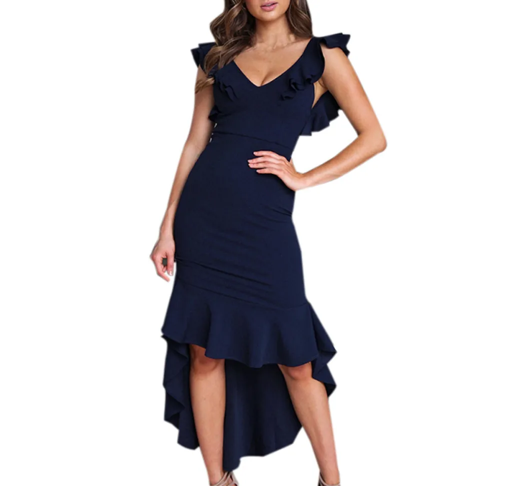 

JAYCOSIN 2019 New Summer Women Dress Sexy Sleeveless Ruffles Backless Irregular Hem Bandage Clubwear Bodycon Knee-Length 9032246