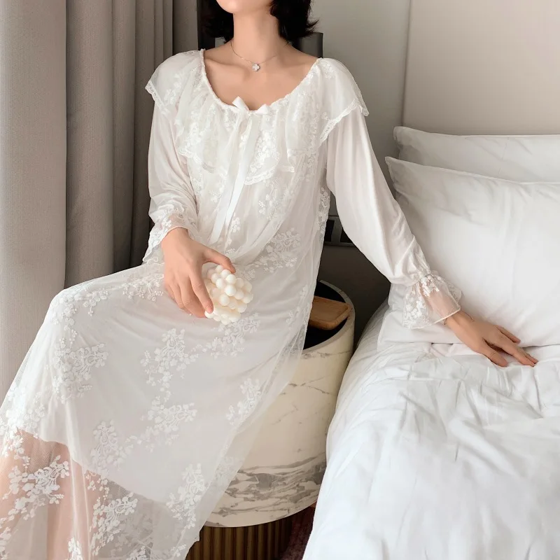 Lisacmvpnel осень новая вышивка кружева принцесса ретро женщина ночная рубашка длинный участок модал Сладкая Ночная сорочка