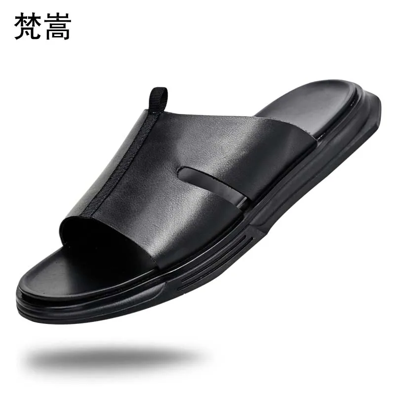 

Slipper men fashion word drag outdoor thick bottom breathable leather summer soft bottom casual beach shoe man all-match cowhide