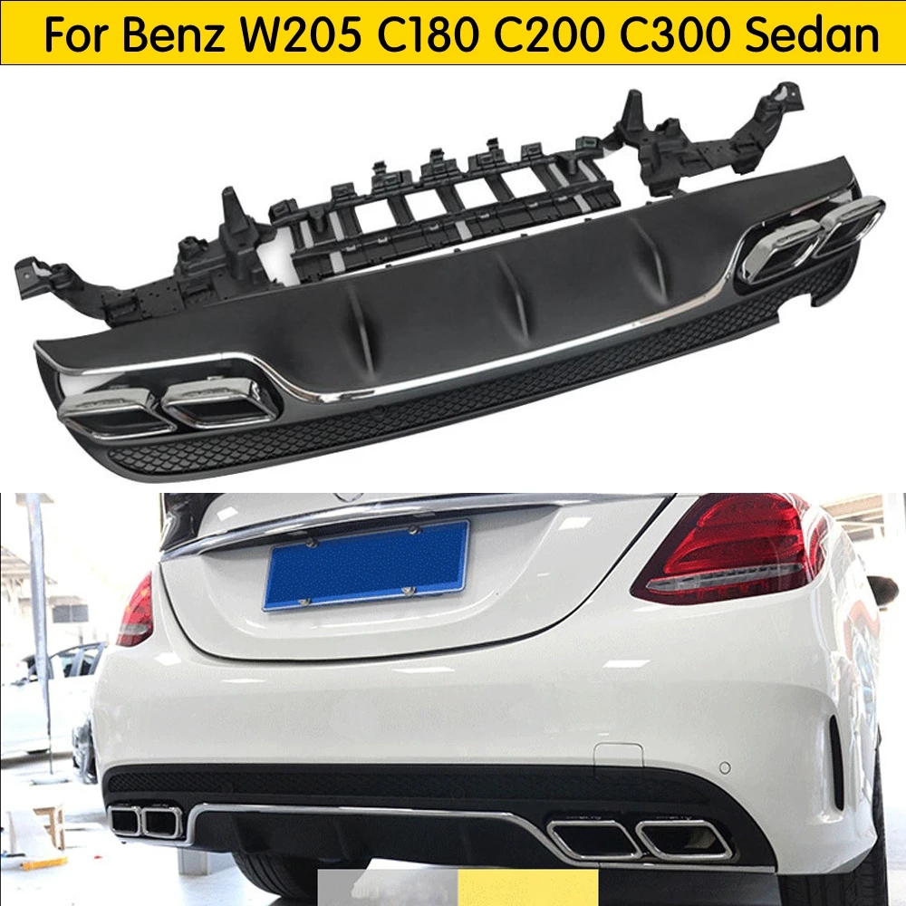

PP Rear Bumper Diffuser with Exhaust Tips for Benz W205 C180 C200 C300 C43 With Amg Package 4 Door Sedan 15+ 4 outlet