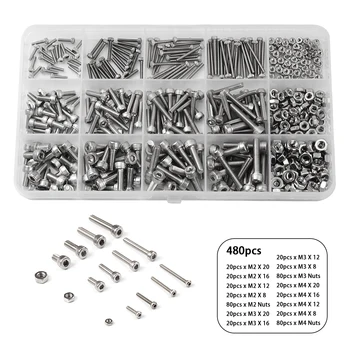 

480pcs M2 M3 M4 304 Stainless Steel Cylinder Head Hex Socket Head Cap Screws Nut Assorted Kit
