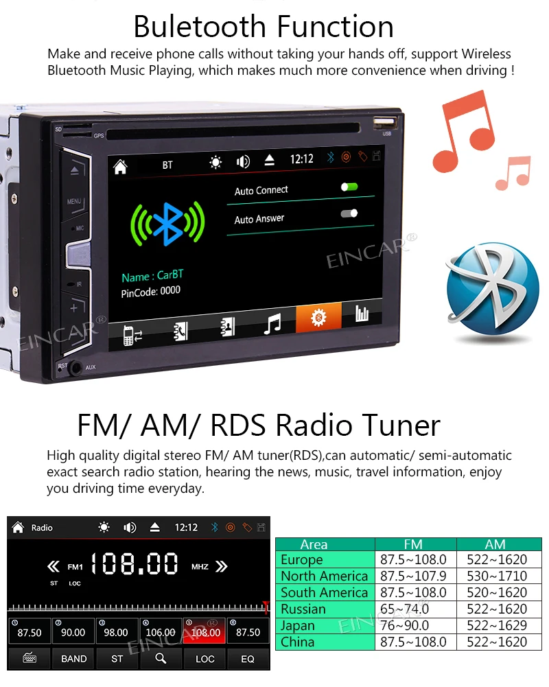 Clearance Eincar 6.2" Double 2 DIN In-Dash Bluetooth Car Stereo with GPS Navigation Mp3 Audio 1080P Video Player DVD/CD/SD/FM/AM/RDS Radio 3