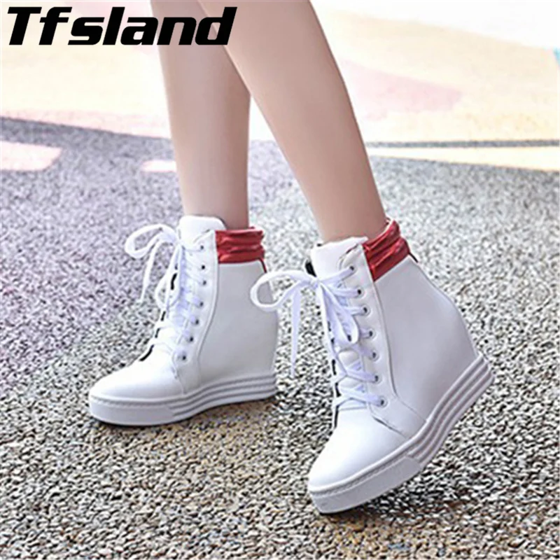 Tfsland Women Height Increasing Shoes Female Breathable White Shoes Flat Walking Shoes Sneakers Women Wedge Platform Ankle Boots