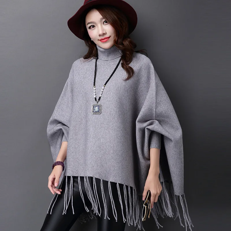 Осенне-зимнее дамское пончо, Модный женский свитер с рукавами «летучая мышь» и кисточками, Женский вязаный пуловер с кисточками и высоким воротником - Цвет: gray