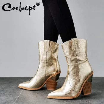

Coolcept Size 33-46 Women Ankle Boots Fall Winter Fashion Warm Fur High Heels Boots European Stone Pattern Designer Shoes