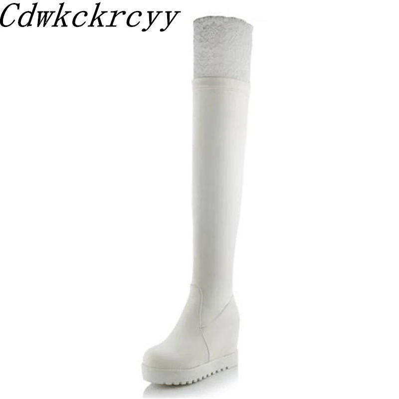 

Women Boots winter New style sexy Lace Elastic force Lean leg Over the knee white Boots Thick bottom Keep warm Winter boots