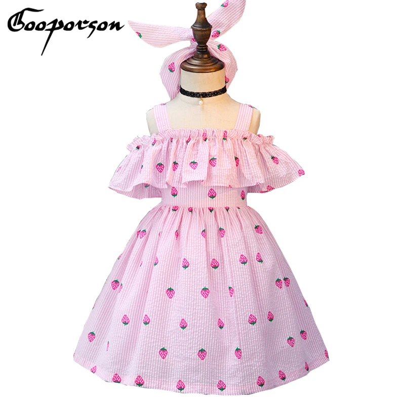 

New Brand Kids Girl Dress Striped Lovely Strawberry Printed Summer Dress with Hairband Lotus Baby Girl's Clothes Dress Princess
