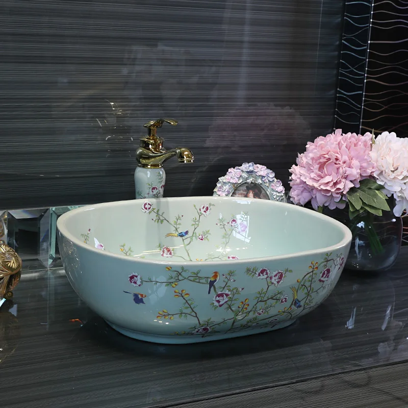 

Artistic Painting Flowers bird Porcelain Art Countertop Washnasin Ceramic Bathroom Vessel Sinks Vanities chinese wash basin oval