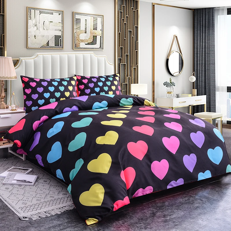 

ZEIMON Soft Home Textiles 3pcs Bedding Set Colorful Hearts 3D Printing Room Decor Polyester Duvet Cover Pillowcase Bed Set Black