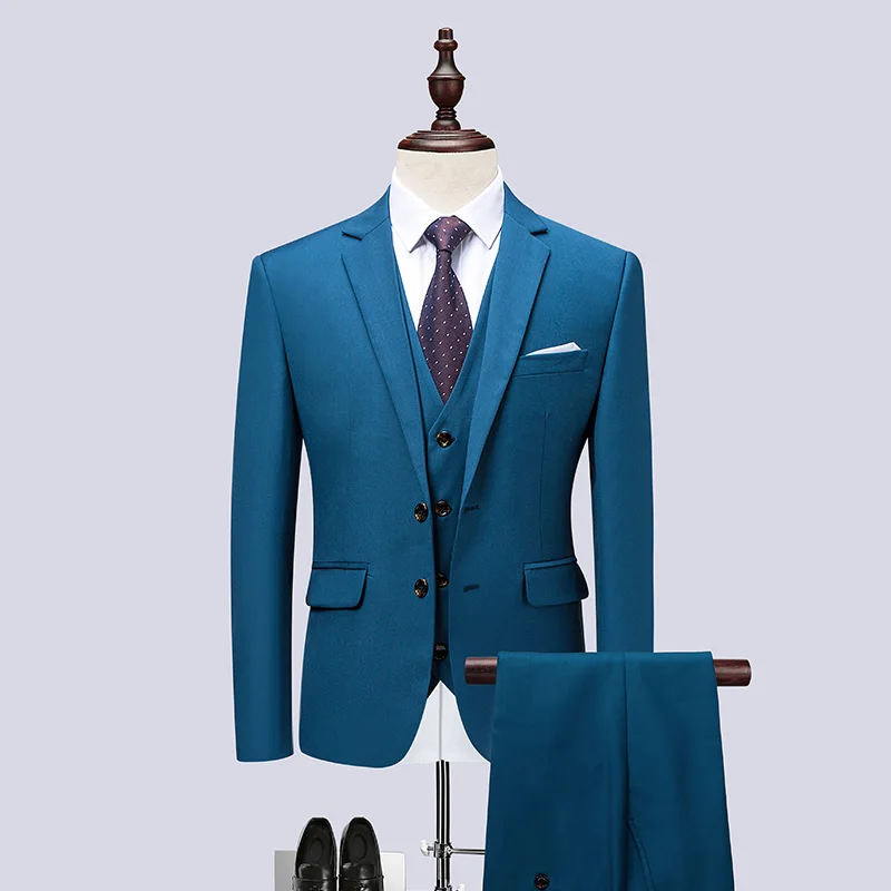 

(Jacket + vest + pants) men's fashion slim suit 2019 men's business casual suit solid color double buckle three-piece suit