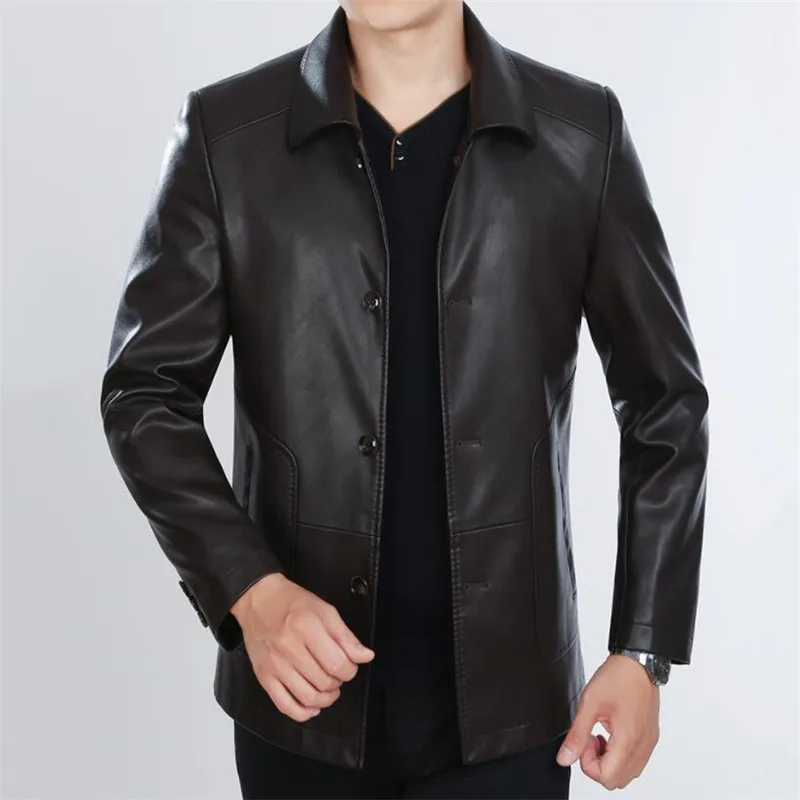 Spring Autumn Men Leather Jacket New Mens Business Casual Sheepskin Coats Plus Velvet Thick Loose Warm Male Outerwear N599 - Цвет: Dark brown thick