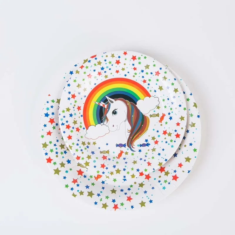 Вечерние комплекты посуды с радужным единорогом белые наборы тарелки скатерть