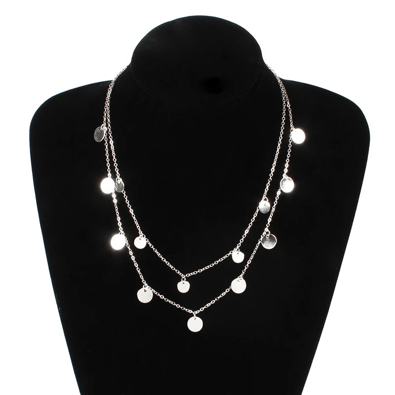 Модное Двухслойное ожерелье-цепочка для женщин, богемное круглое ожерелье-чокер с блестками, подвеска на шею, ювелирные изделия - Окраска металла: Silver