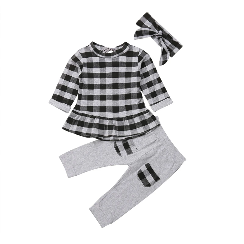 Новые модные милые комплекты одежды для маленьких девочек, хлопковые клетчатые топы с длинными рукавами + штаны, повязка на голову