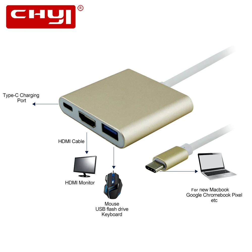

CHYI USB 3.1 TypeC to HDMI USB 3.0 USB-C HUB Adapter Splitter Extender HD 4K Cable for Macbook 12" Chromebook Pixel TV Displayer