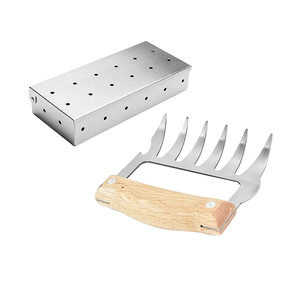 Meat Smoking Barbecue Smoker Box For BBQ Wood Chips & 1Pcs Meat Claw