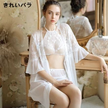 Летние тонкие сексуальные кружевные женские пижамы из трех частей, халат, облегающий халат, шорты, комплект белого и черного белья для женщин