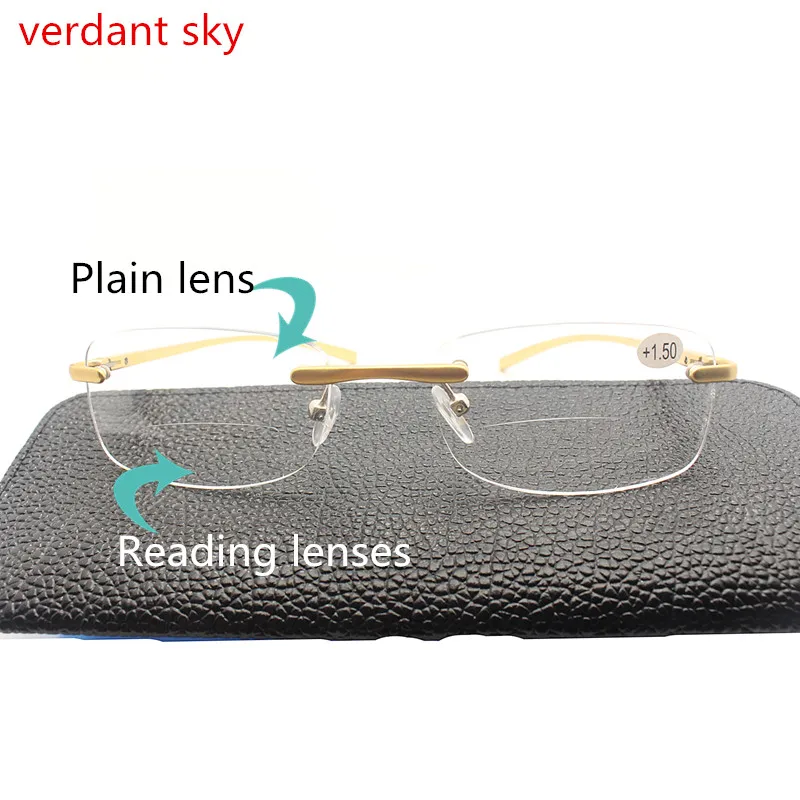 

2018 Bifocal Reading Glasses Men Women Rimless Aluminum-magnesium Frame Diopter Presbyopic Eyeglasses +1.0+1.5+2.0+2.5+3.0+3.5