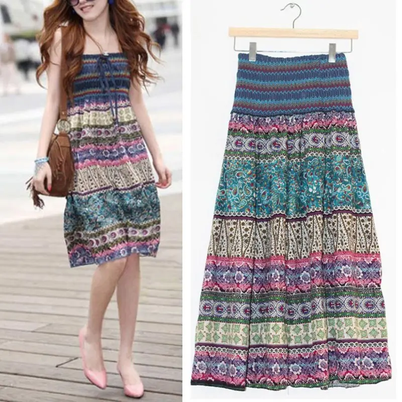Boho Floral A-line Women's Maxi Skirt Elastic High Waist Sashes Vintage Pleated Womens Skirts 2020 Summer Fashion Clothes Female